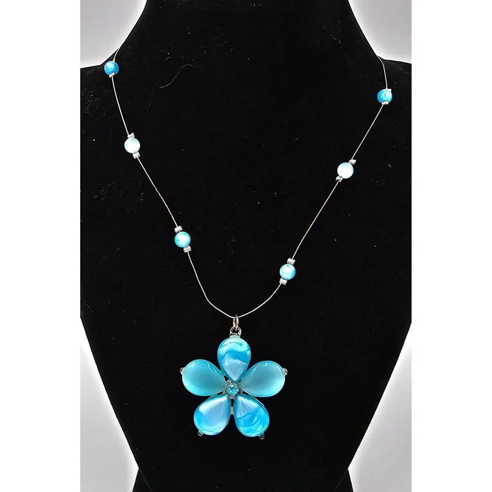 Silvertone Wire Necklace Blue Cats Eye Glass Resin Flower Pendant Jewelry - Picture 1 of 6